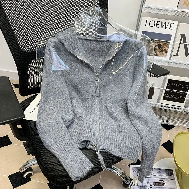 Autumn Winter Pink Knitted Cardigan Hooded Zipper Jackets Sweaters Short Tops Streetwear Design Trend Coats Loose Lazy Coat New