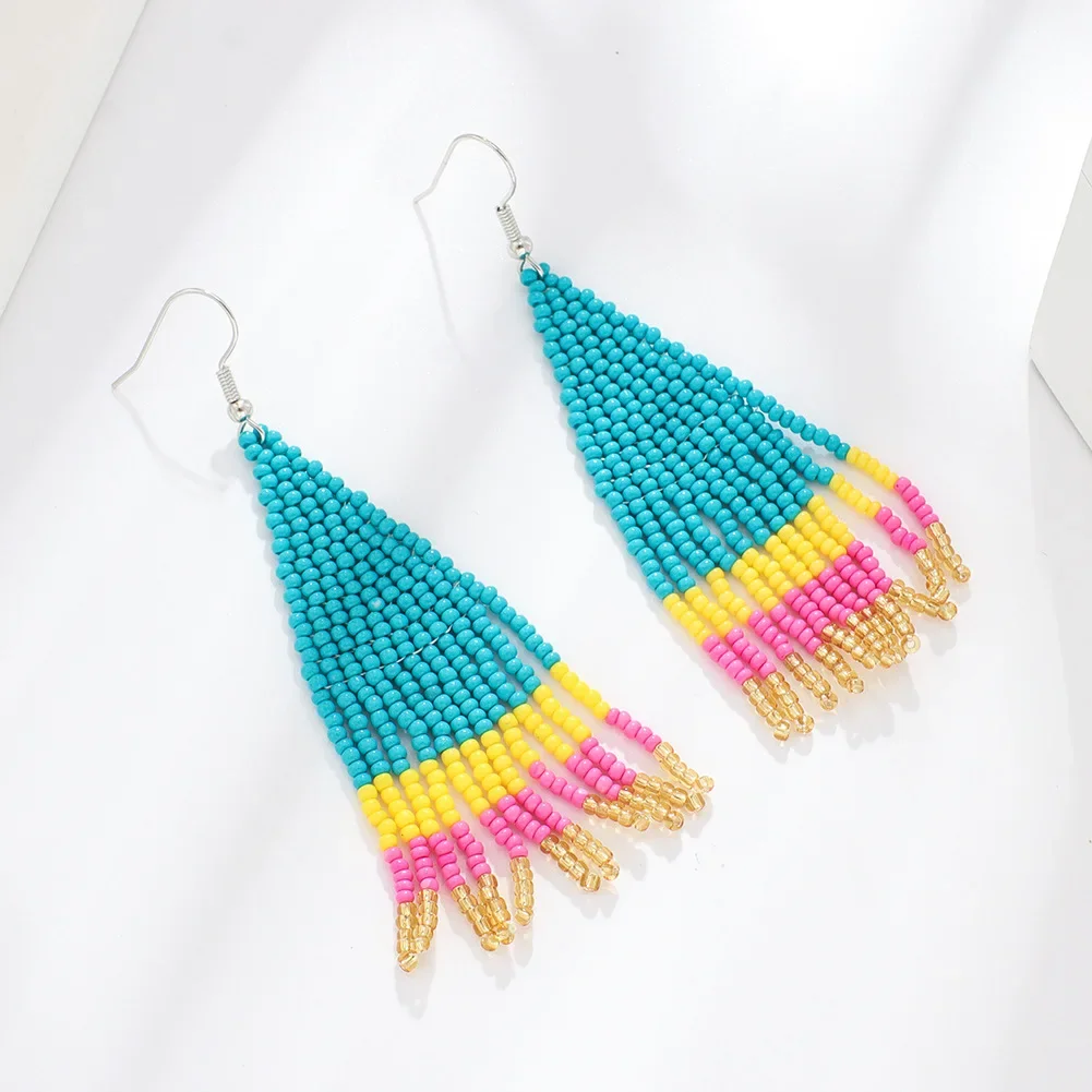 

Tassel Earrings Hand knitting Beaded Color matching fashion new pattern Bohemia geometry alloy ma'am Rice Bead Earrings