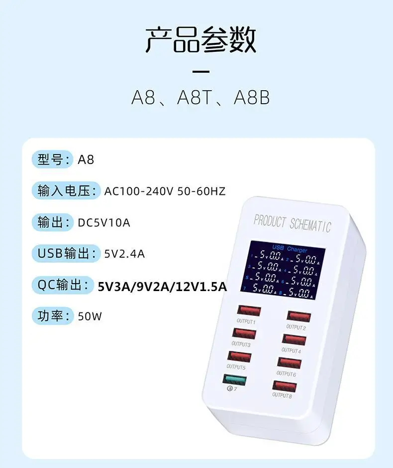 Intelligent Usb Multi-Port Charger 8-Port Digital Display Upgraded Version Dual Pd20w