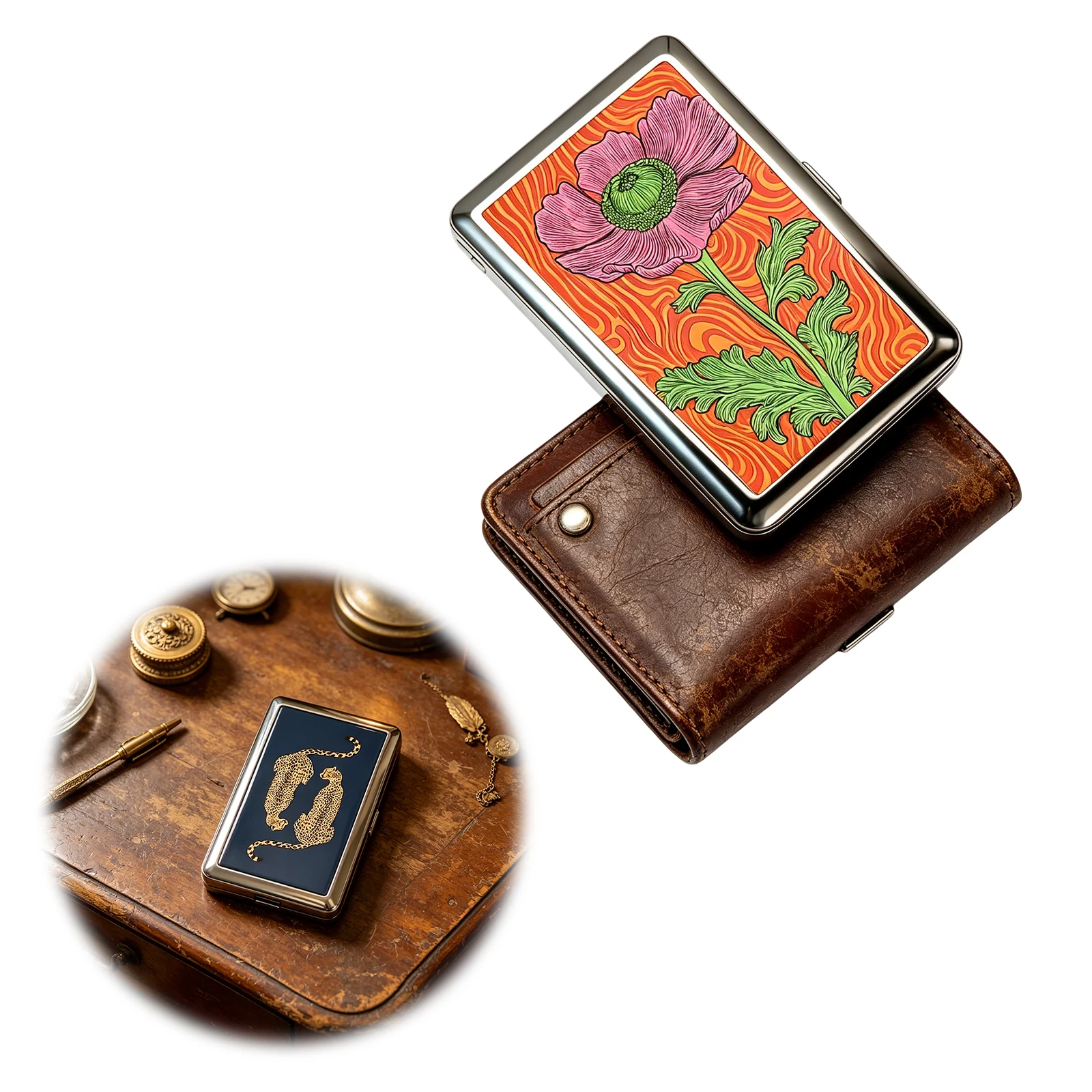 Vintage-Stil Metall-Zigarettenetui im Art-Deco-Design, Schlankes Etui für Blunts, Vielseitiges Etui für Karten und Bargeld für Damen und Herren – Detail 5