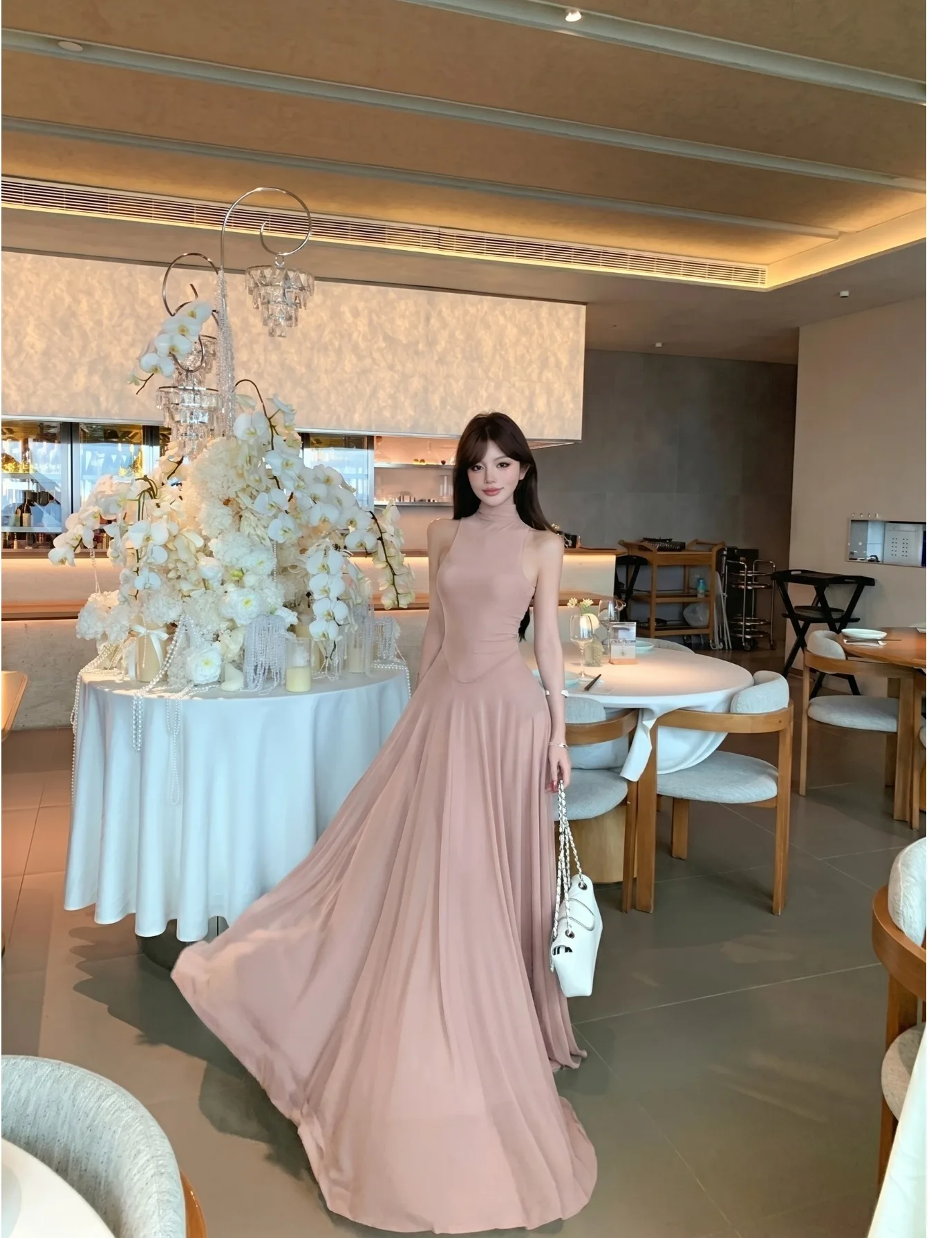 

Slimming Splice Knitted Mesh Dress Stand Collar Long Sleeveless Women's Color Summer Dress Citywalk Fitted Style Big Hem