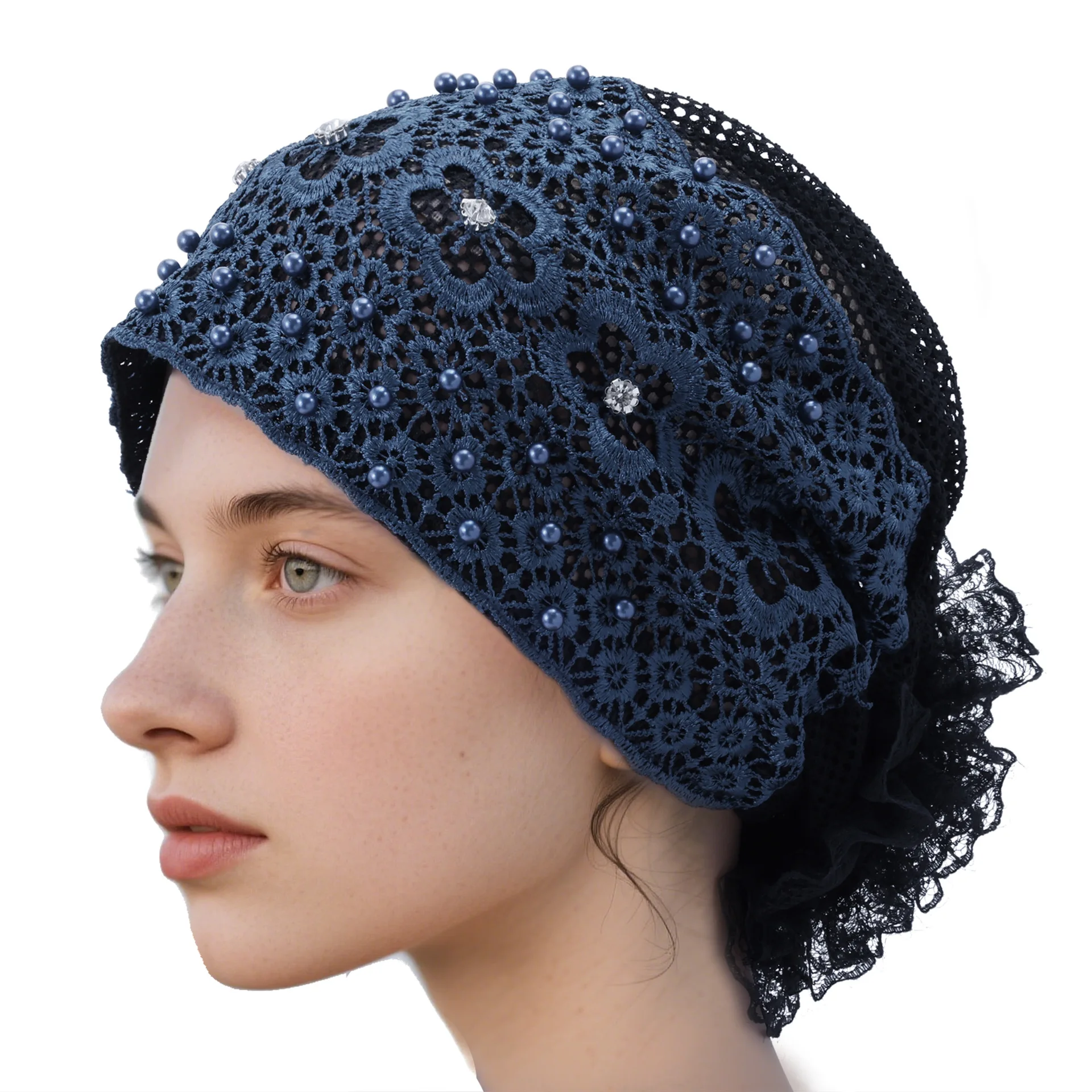 Muslim Women Beaded Hijab Inner Hat Lace Underscarf Turban Flower Headscarf Beanies Bonnet Hollow Out Headwear Turbante Mujer