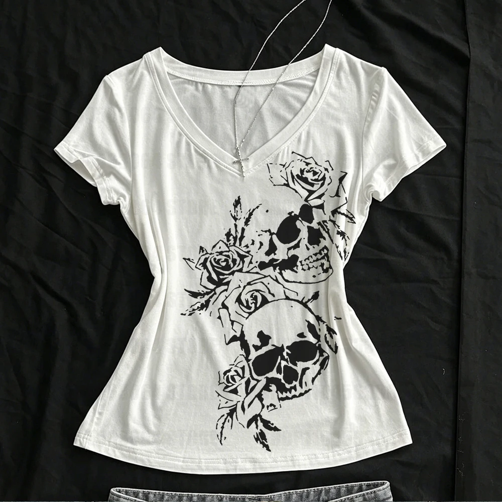 Y2K Style Punk 2000s Retro Baby Tees Cybery Grunge Emo Girls Graphic Print T-shirts Harajuku Mall Gothic Short Sleeve Crop Tops