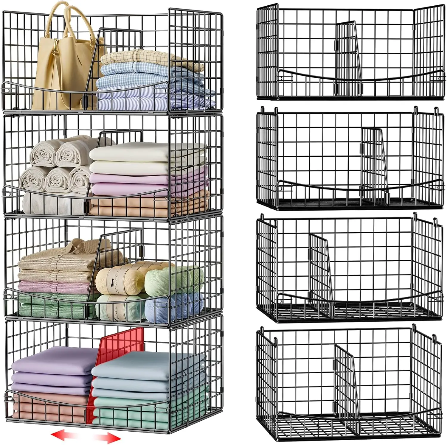 

4-х уровневый штабелируемый органайзер для шкафа с перегородками, складные полки для хранения гардероба и дома, черный