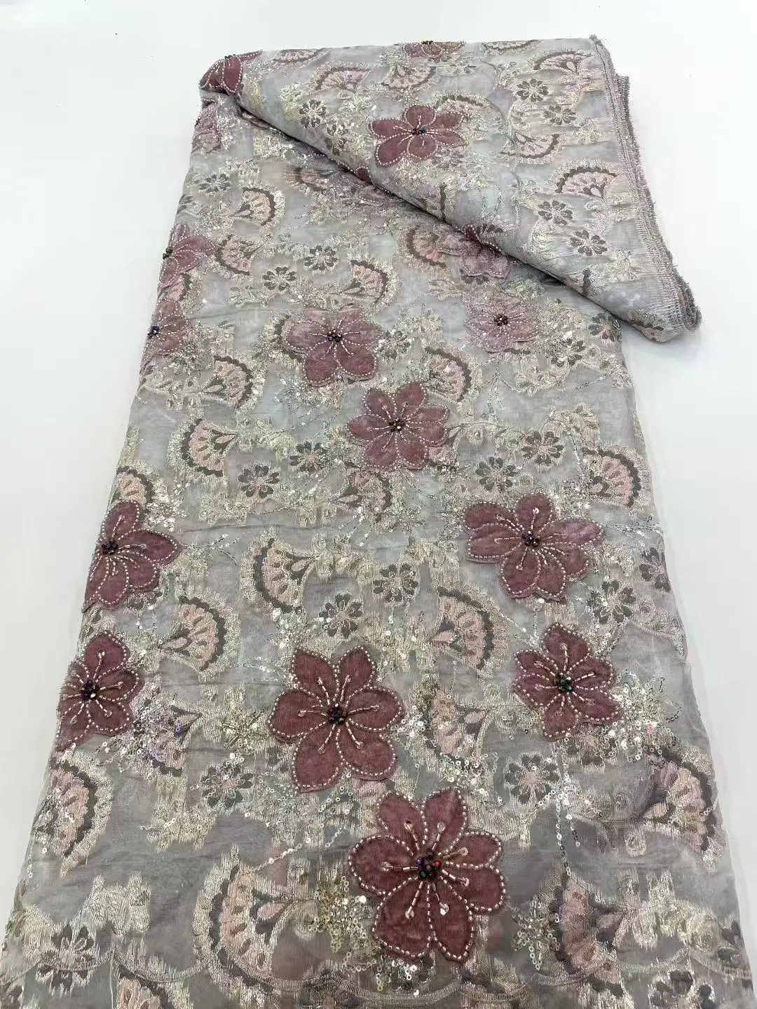 African Beaded Groom Lace Fabric High Quality French Mesh Lace Fabric Sequins Nigerian Lace Fabrics For Wedding Dress Sew