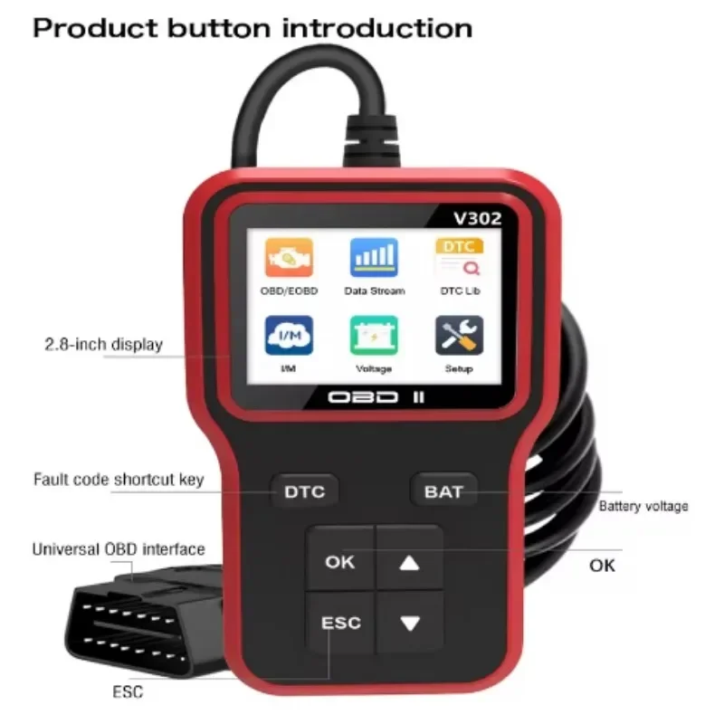 

V302 Automotive OBD2 Scanner - USB-Powered Engine Fault Code Reader with Multi-Language Voltage Tester