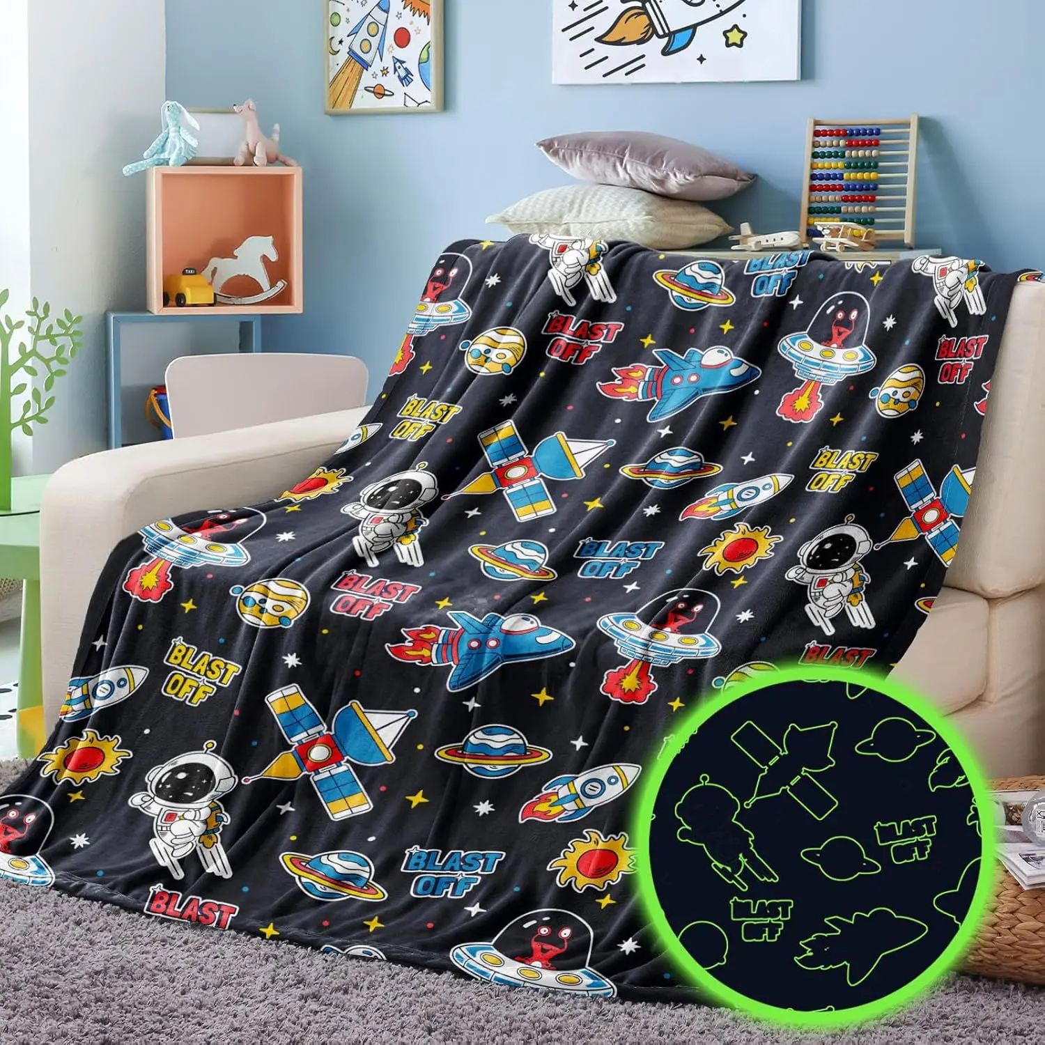 Children Fantasy Glow in the Dark Space Fleece Blanket Gift For Kids,Single Full Microfiber Throw Blanket