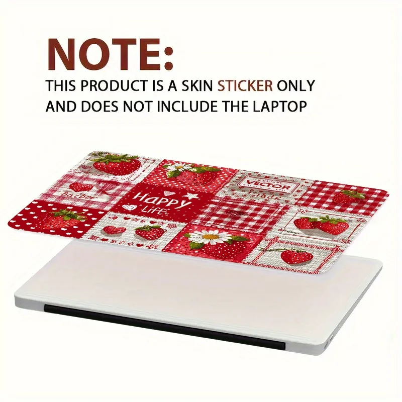 

Набор из 2 наклеек для ноутбука: красная клетка, светло-бежевый фон, клубника, клетчатый узор, сердечки и ромашки - устойчивые к царапинам