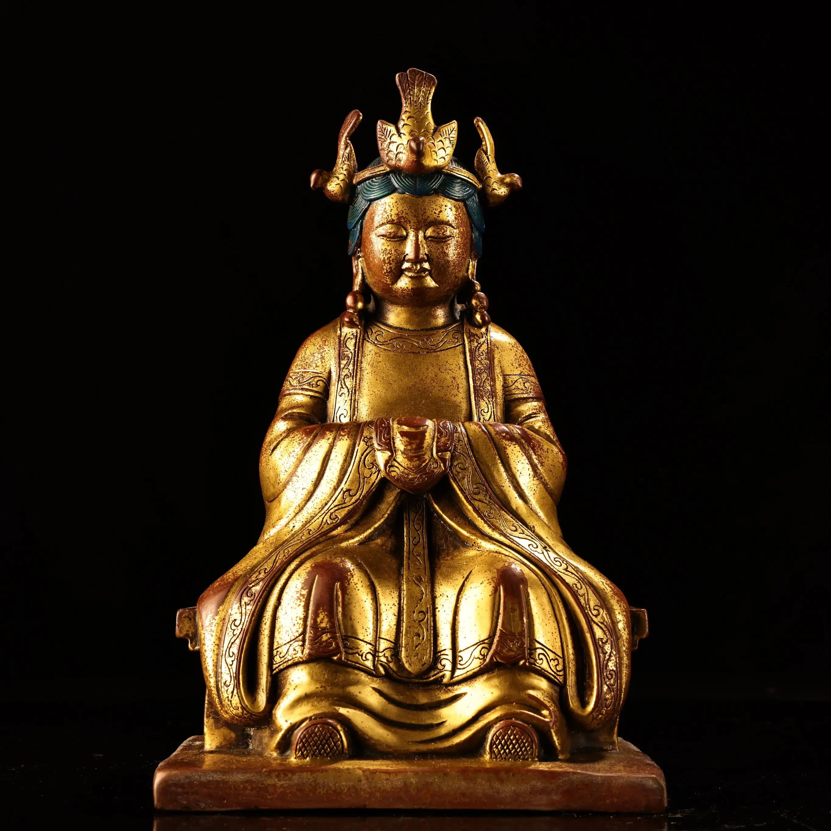 

10"Tibetan Temple Collection Old Bronze Gilded High Relief Queen Mother of the West Gods immortals Sitting Buddha Phoenix Crown