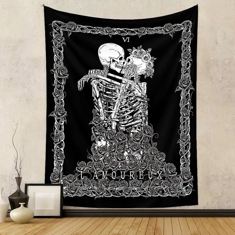 VIKAMA Tapestry Wall Hanging Gothic Tarot Card Skeleton Kissing Rose Vine Black White Occult Soft Washable for Living Room Decor