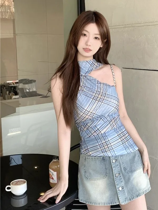 

Красный клетчатый жилет на бретельках, женский летний дизайн одежды, утягивающий топ с бретельками, висящее платье Ne, вязаное платье для горячих девушек...