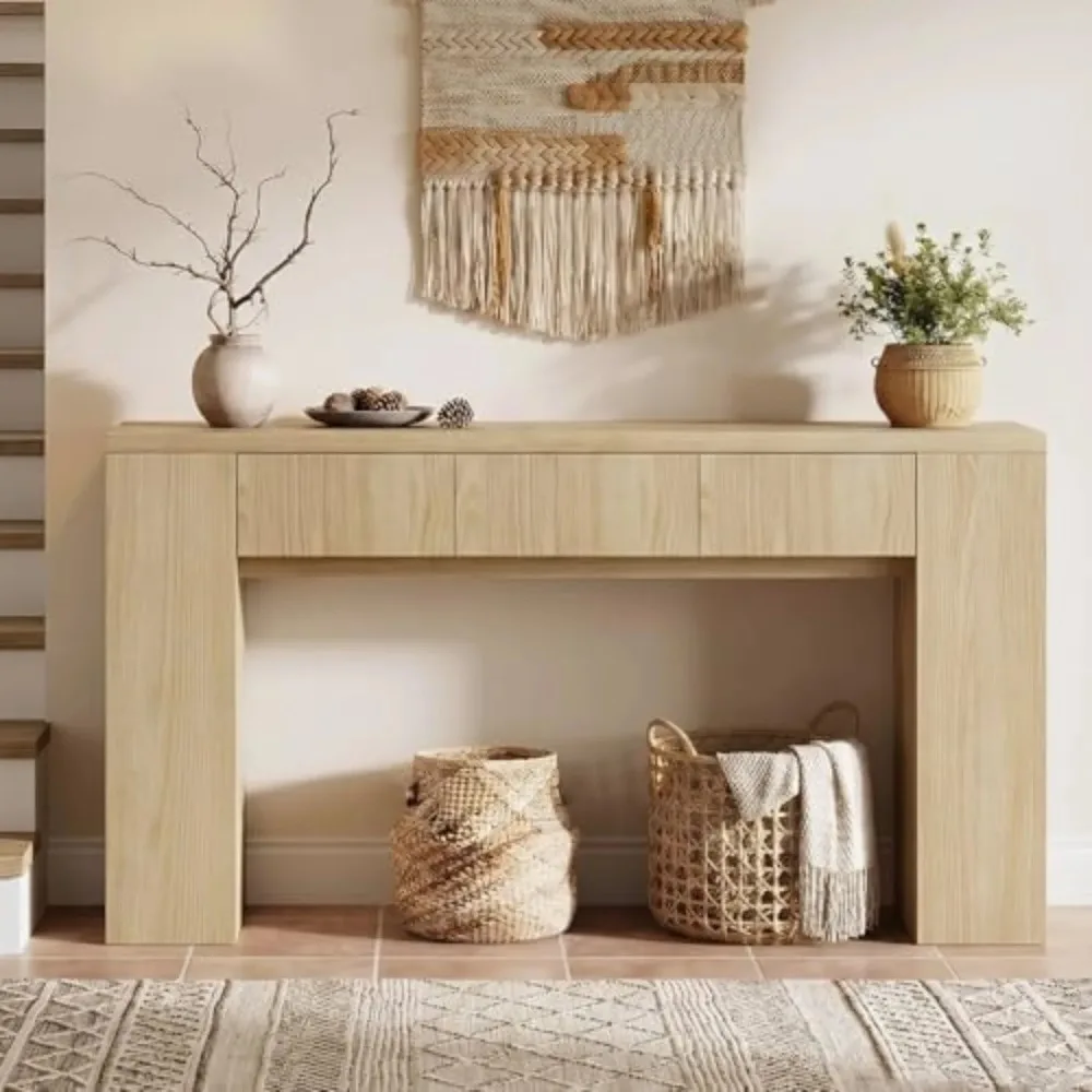 Entryway Table with 3 Drawers & Charging Station, 63" Console Table | with LED Lights, Side storage Shelves, Vintage image 3