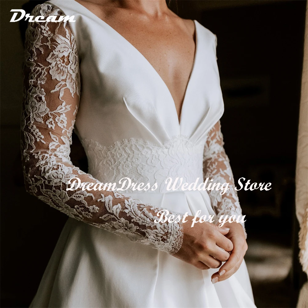 DREAM Customized Simple Satin Princess Wedding Dresses Women Lace V-Neck Bridal Ball Gowns Sweep Train Vestidos Novias Boda 2025