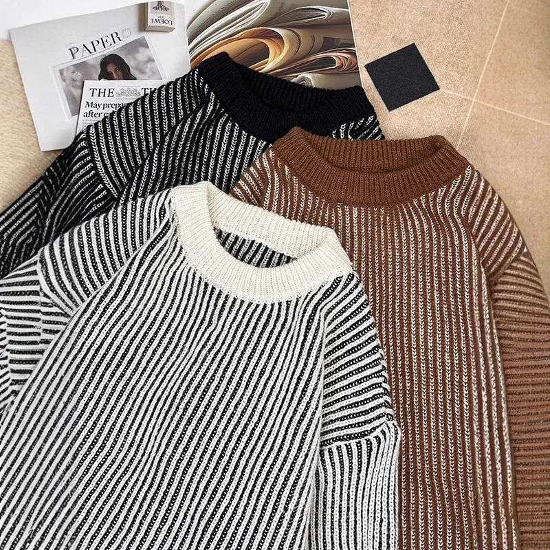 

Thiened Soft M Вязаный свитер в полоску в стиле ретро, повседневная верхняя одежда из полиэфирного волокна, теплая длинная све, повседневная одежда