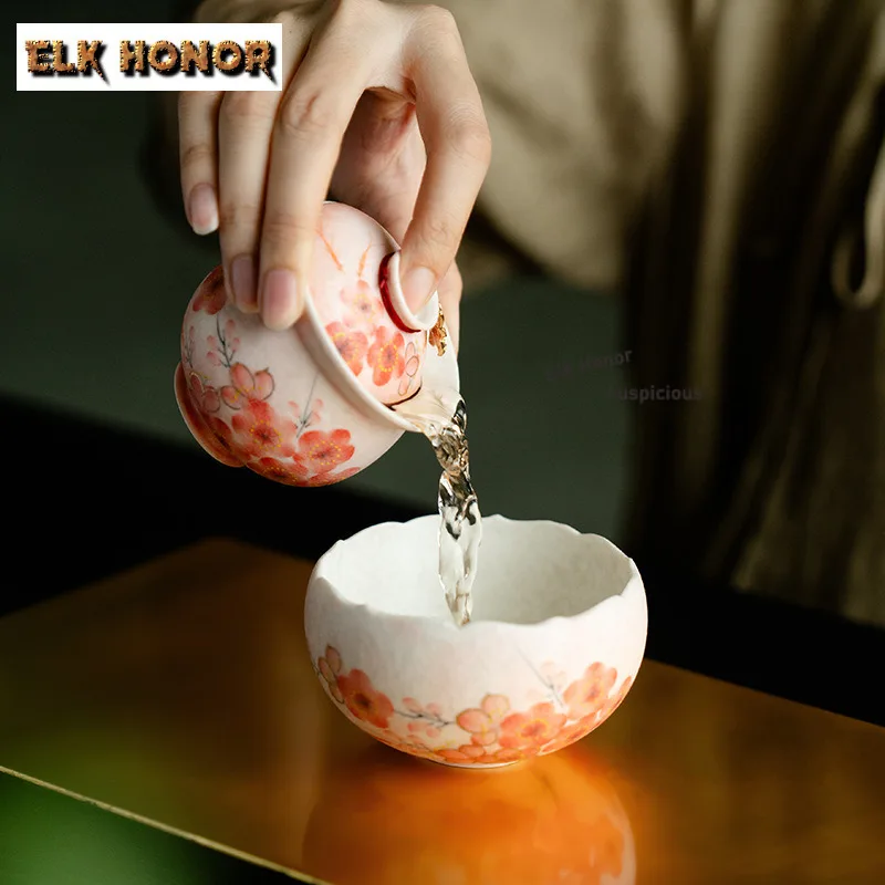 195ml Gold Drawing Hand-painted Plum Blossom Eggshell Teacup Tea Bowl Mug Tea-tasting Fragrance Cup Jianzhan Master Cups Teaset