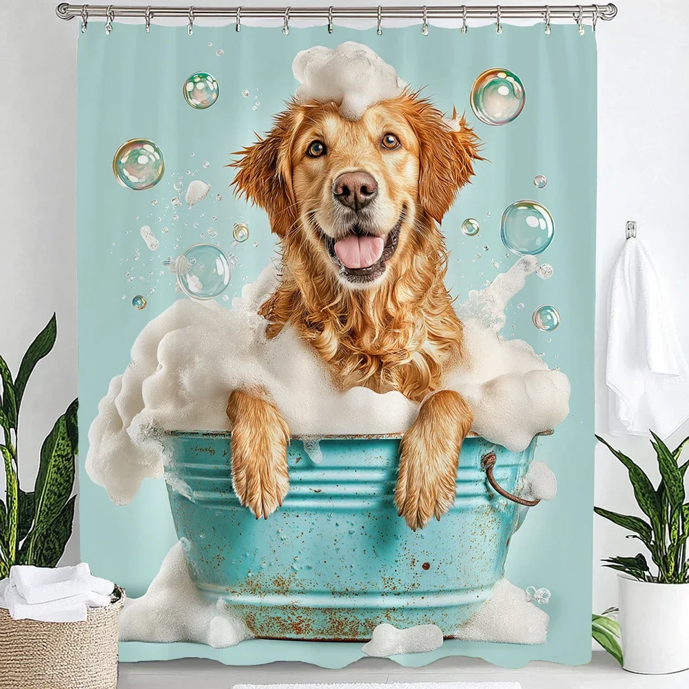 1pc Funny Dog Bath Shower Curtain,Cute Dogs Reading Newspaper on Toliet Bathroom Curtain,Washable Cloth Kids Shower Curtains
