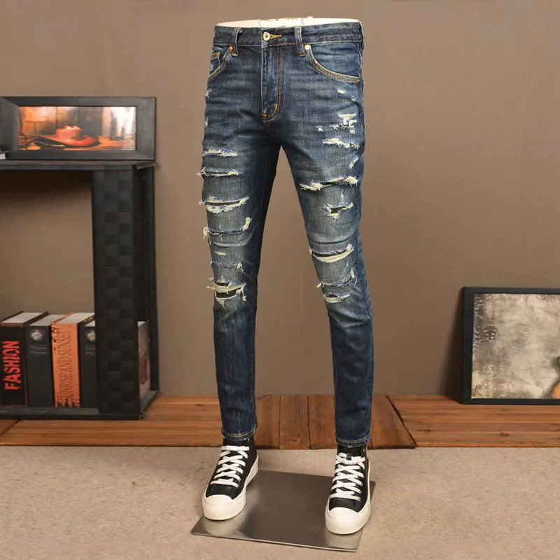 Men Jeans Dark Blue Vintage Washed Multi‑Layer Ripped Denim Pants Stretch Slim Tapered Hip Hop Streetwear Jeans y2k