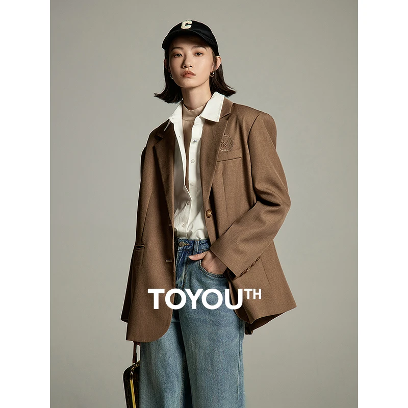 Toyouth Women Blazer 2023 Autumn Long Sleeve Lapel Loose Suit Coat Embroidery Urban Modern Vintage Preppy Style Jacket Outwear