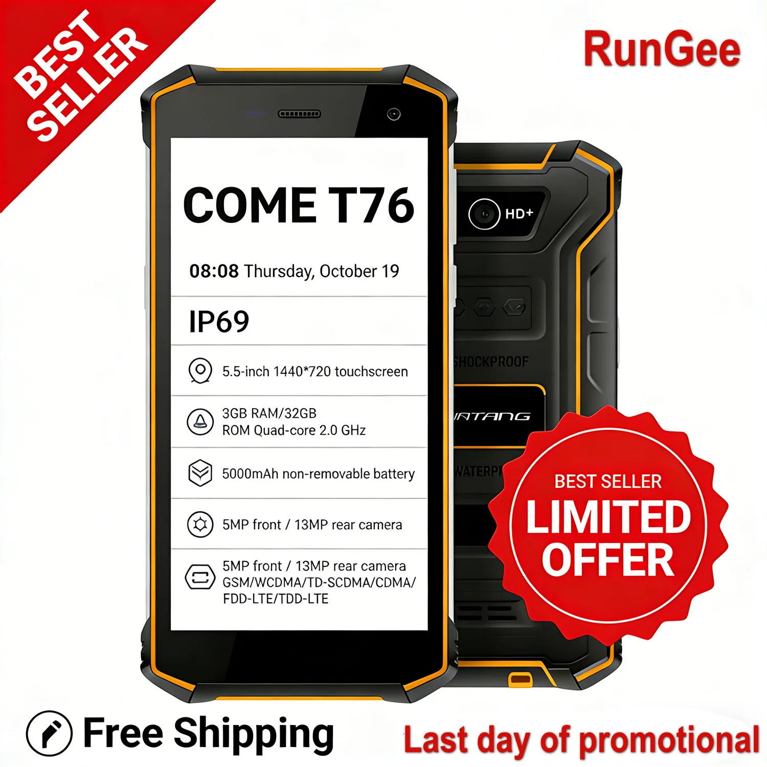 

Zello PTT Rugged Phone: IP69 Waterproof 5.5" Glove-Touch Screen 5000mAh 13MP Camera 3GB+32GB NFC 4G LTE Industrial Phone