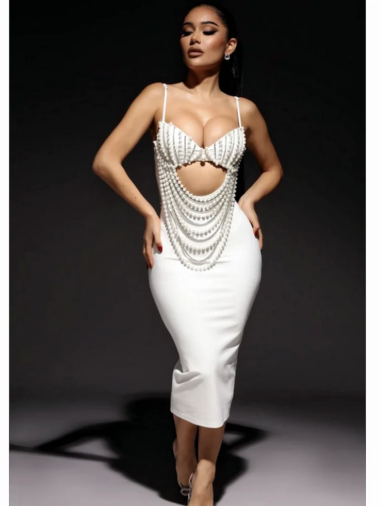 High Qulity Sexy Hollow Out Pearl Baeding Spaghetti Strap Mid Calf Dress Graceful Woman Bandage Dress Evening Party Outfit