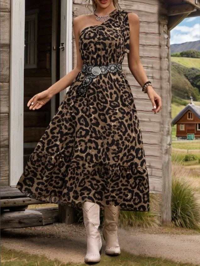 

Leopard print dress, one shoulder lace up dress