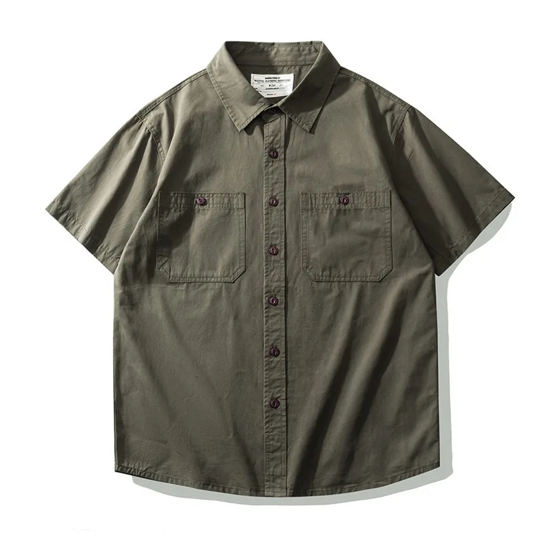Men's Short Sleeve Work Shirt Pure Color Japanese Style Engineer Shirt Slim Fit Youth Summer Thickened Fleece Collar Design