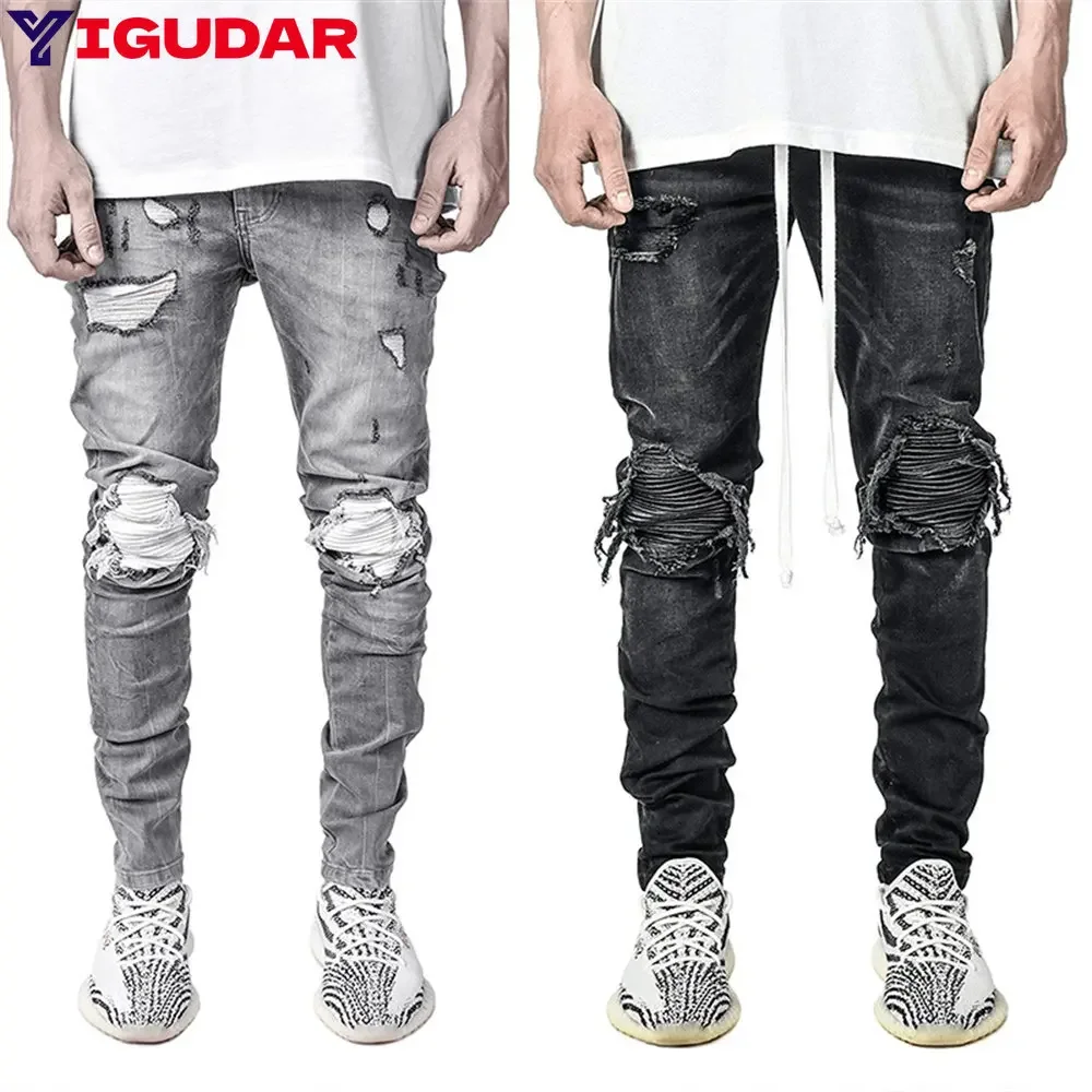 

Рваные уличные джинсы, мужские эластичные джинсы, повседневные мужские однотонные облегающие узкие брюки, модные спортивные брюки для бега в стиле Харадзюку