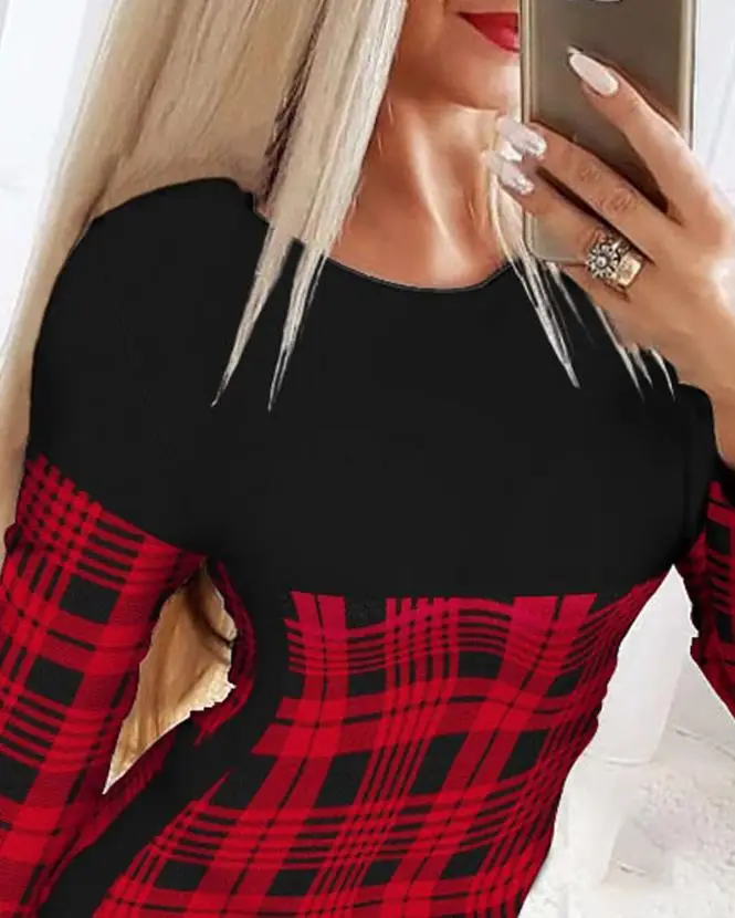 Christmas Dresses for Women 2022 Autumn Fashion Plaid Print Long Sleeve Casual O-Neck Skinny Mini Dress