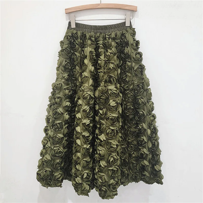 Heavy Work Rose Skirts For Women Casual Elastic Waistband 3D Rose Trimming A-line Loose Black and Beige Skirts Dating Gifts