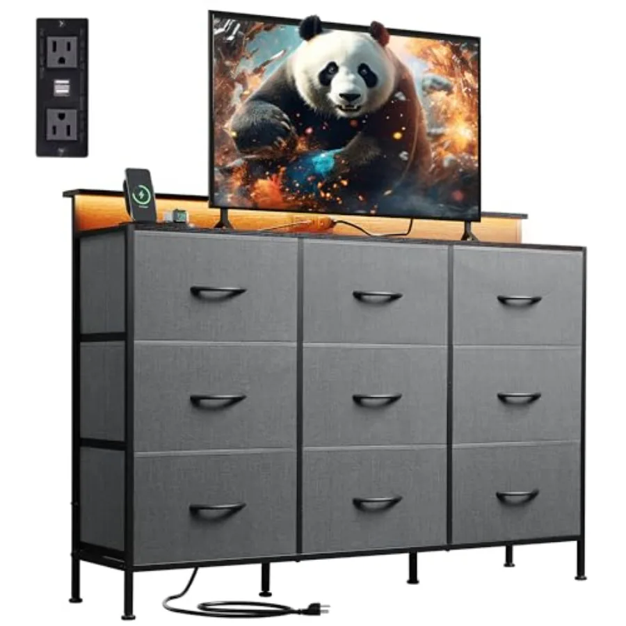 

Dark Grey Dresser TV Stand for 45-55 inch TV Entertainment Center with LED Lights Charging Station 9 Fabric Drawers and Open Sh