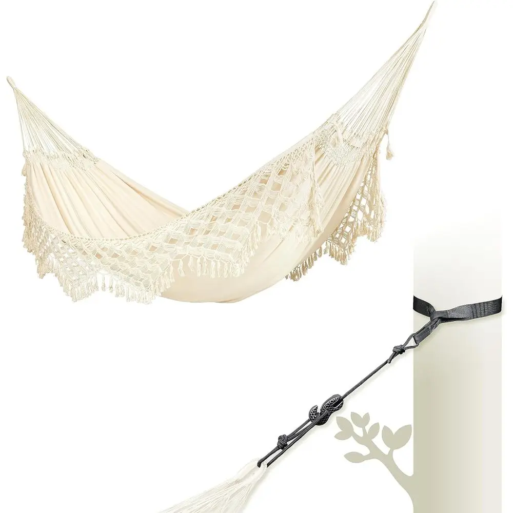 

Organic Cotton 2-Person Hammock with Tree Mount Kit - XL King Size, Boho Style, Handcrafted in Brazil, Suitable for Indoor & Out