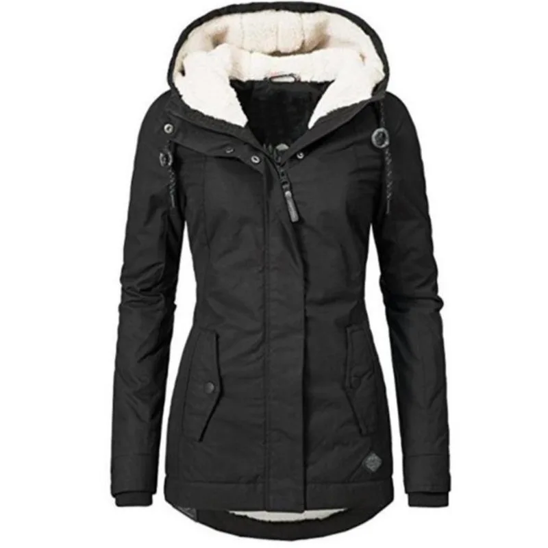 

Popular 2024 Autumn/winter Black Classic with Thick Velvet Cotton Coat for Women Hooded Cotton Park