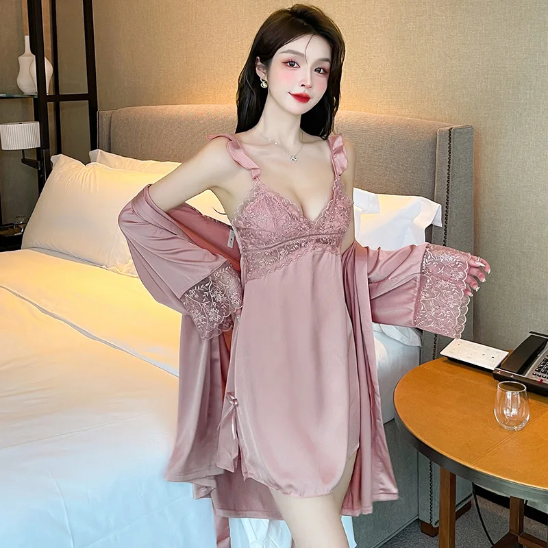 

Twinset Robe Set Summer Lace Bathrobe Gown Suit Women Nightdress Nightwear Loungewear Female Silky Satin Sleepwear Home Dress