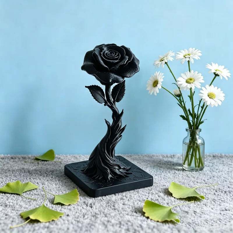 Square Base Thorn Rose Ornament,Black White Single Bloom Statue For Window Ledge Side Cabinet Romantic Home Display Present