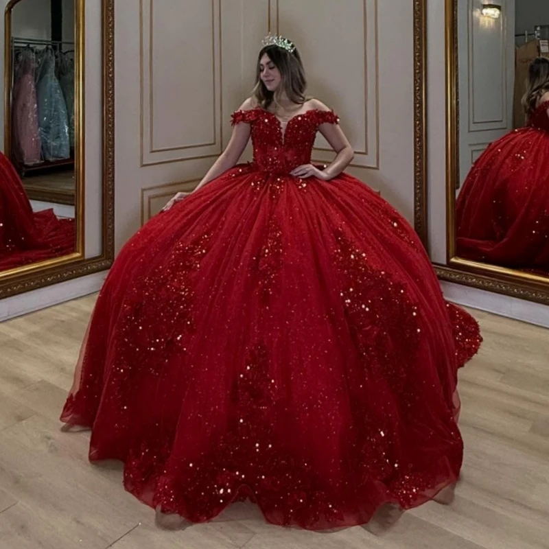 

Red Shiny Quinceanera Dresses Off The Shoulder Applique Lace Beading Crystal Tull Party Birthday Sweet 16 Dress Vestidos 15 De