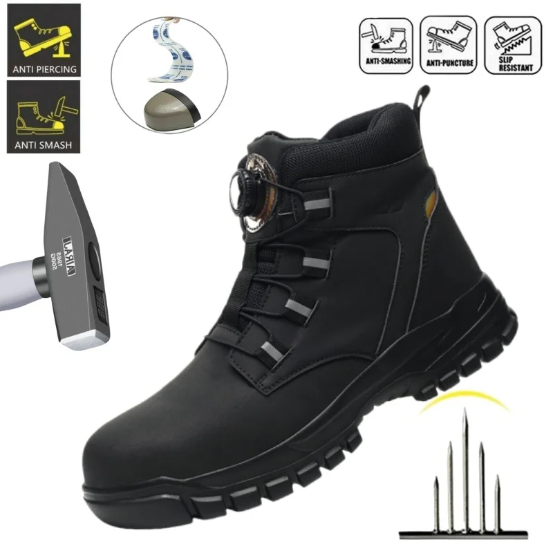 

Men's Steel-Toed Safety Shoes With Anti-Crush, Anti-Puncture And Anti-Slip Soles, Fashionable Button Industrial Work Boots