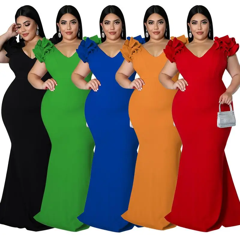 

Large Size Women's Summer Lotus Leaf Wrapped Hip Elegant A-Line Dress Bubble Sleeve V-Neck Long Dress City Walk Fashion