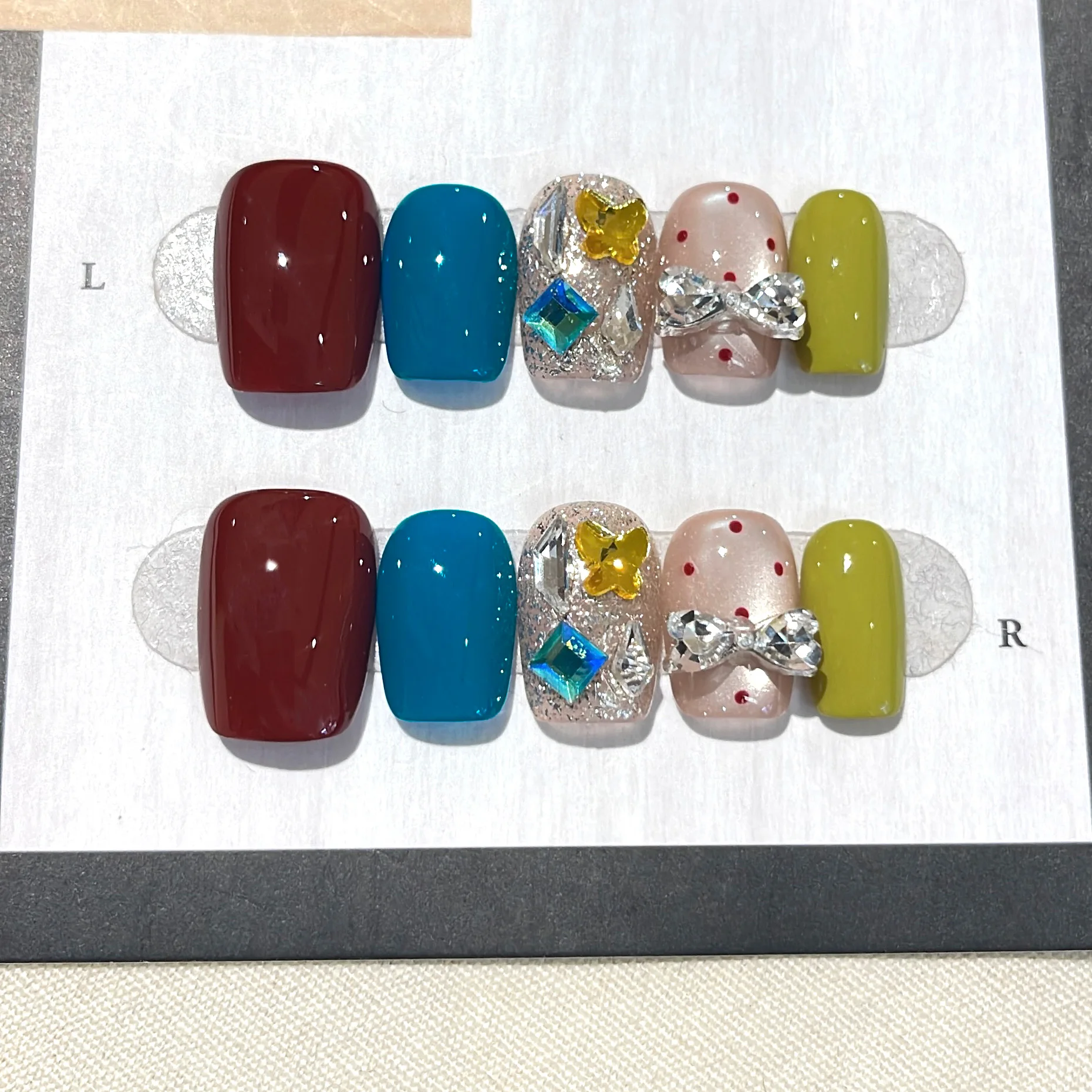 10PCS Original Handcrafted False Nails, Multicolor Short Square Press On Nails with 3D Butterfly Bow Rhinestone Nail Art Tips