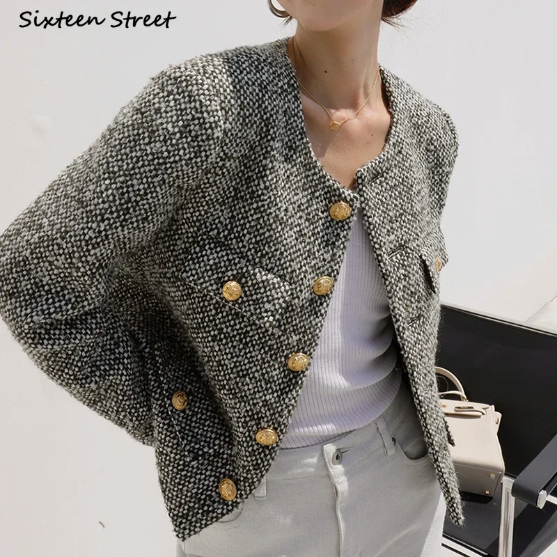 Golden Button Tweed Jackets for Women O-neck Spring Black Elegant Woolen Jacket Women Outfit Business Autumn Coat