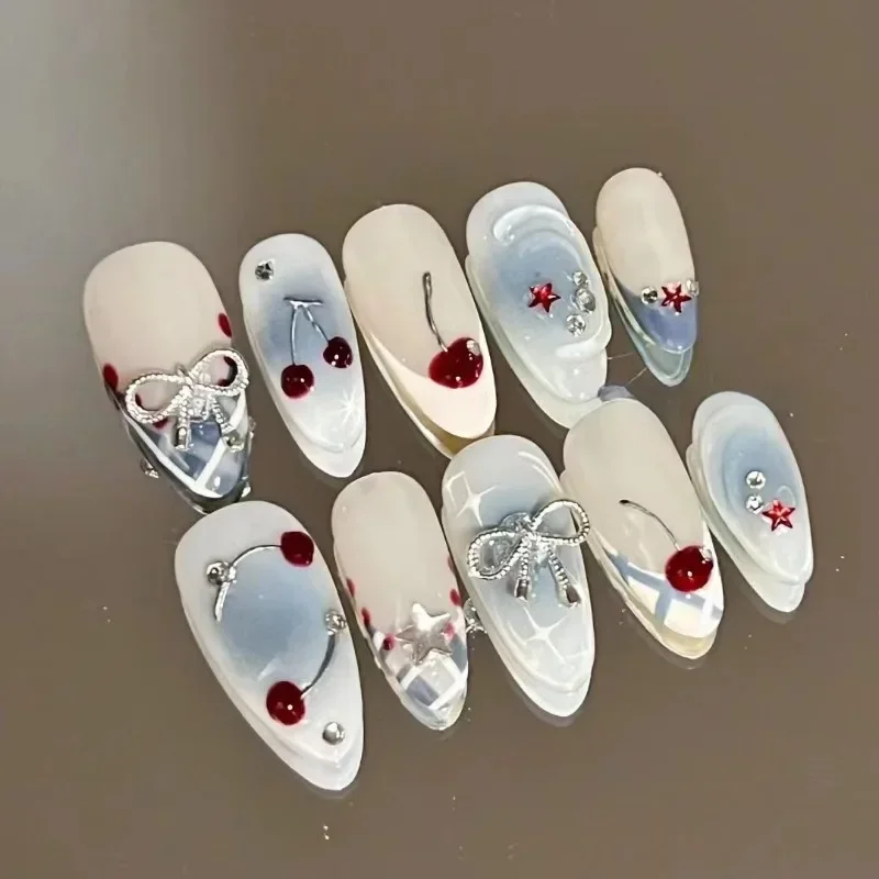 

10Pcs Handmade Press on Nails French Almond Full Cover Cherries and Bow Design Fake Nails Sweet Cute Manicure Nail For Women