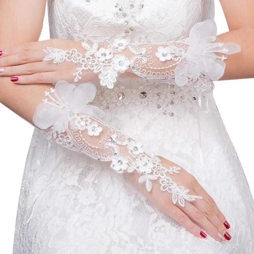 Crystal Women’s Wedding Gloves Fingerless Elbow Bridal Gloves Floral Ivory Long Gloves Wedding Accessory for Bride