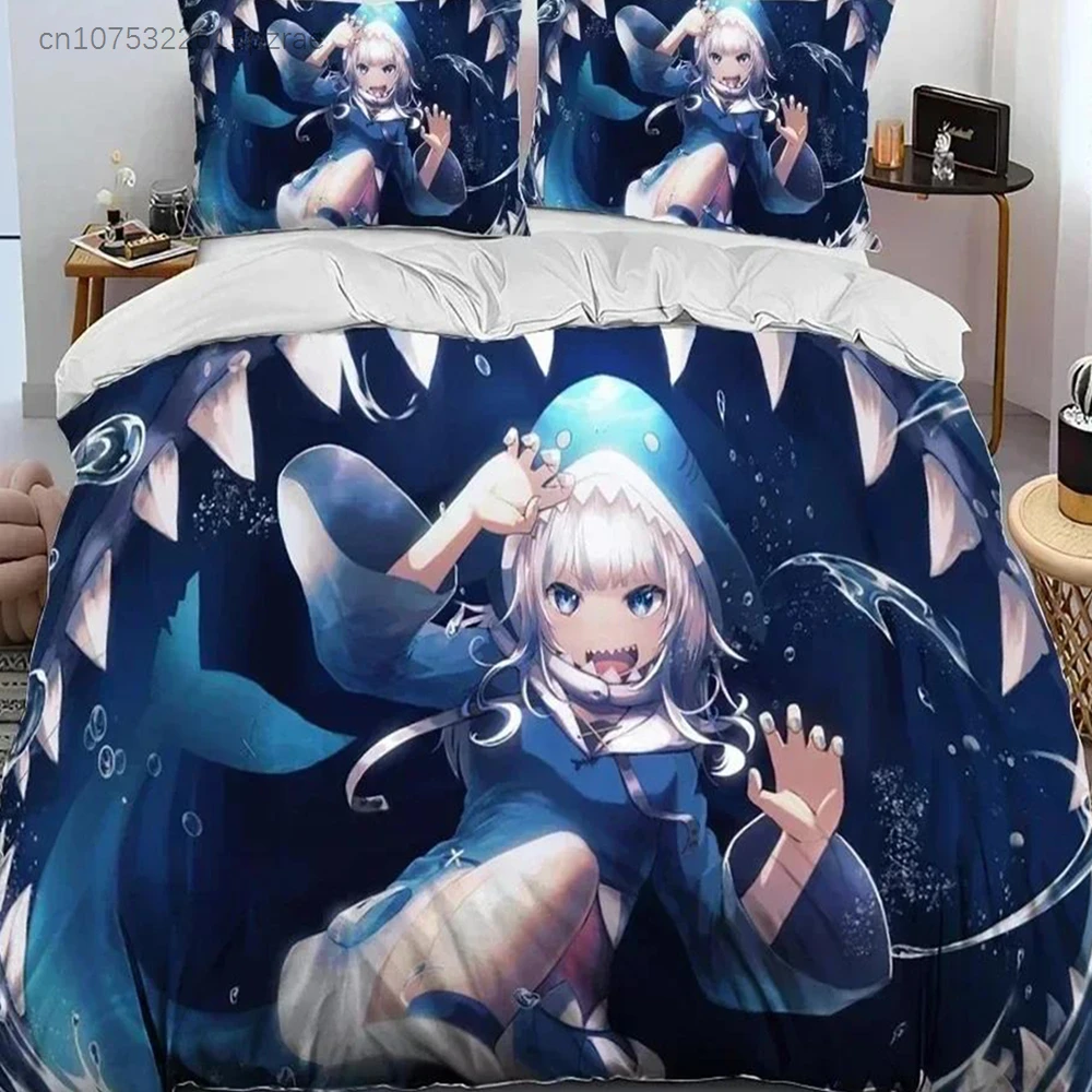 Cute Gawr Gura Hololive Anime Shark Bedding Set Printed Bed Set With Pillowcase Duvet Cover Soft Queen King Size Bedclothes Home