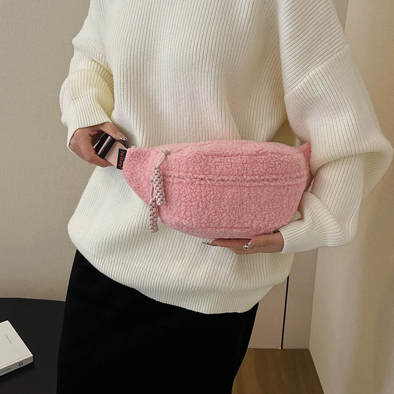 

Zipper Plush Solid Color Sweet Women's Chest Bag Hot Sale Versatile Casual Crossbody Bags Soft Simple Commuting Bags for Women