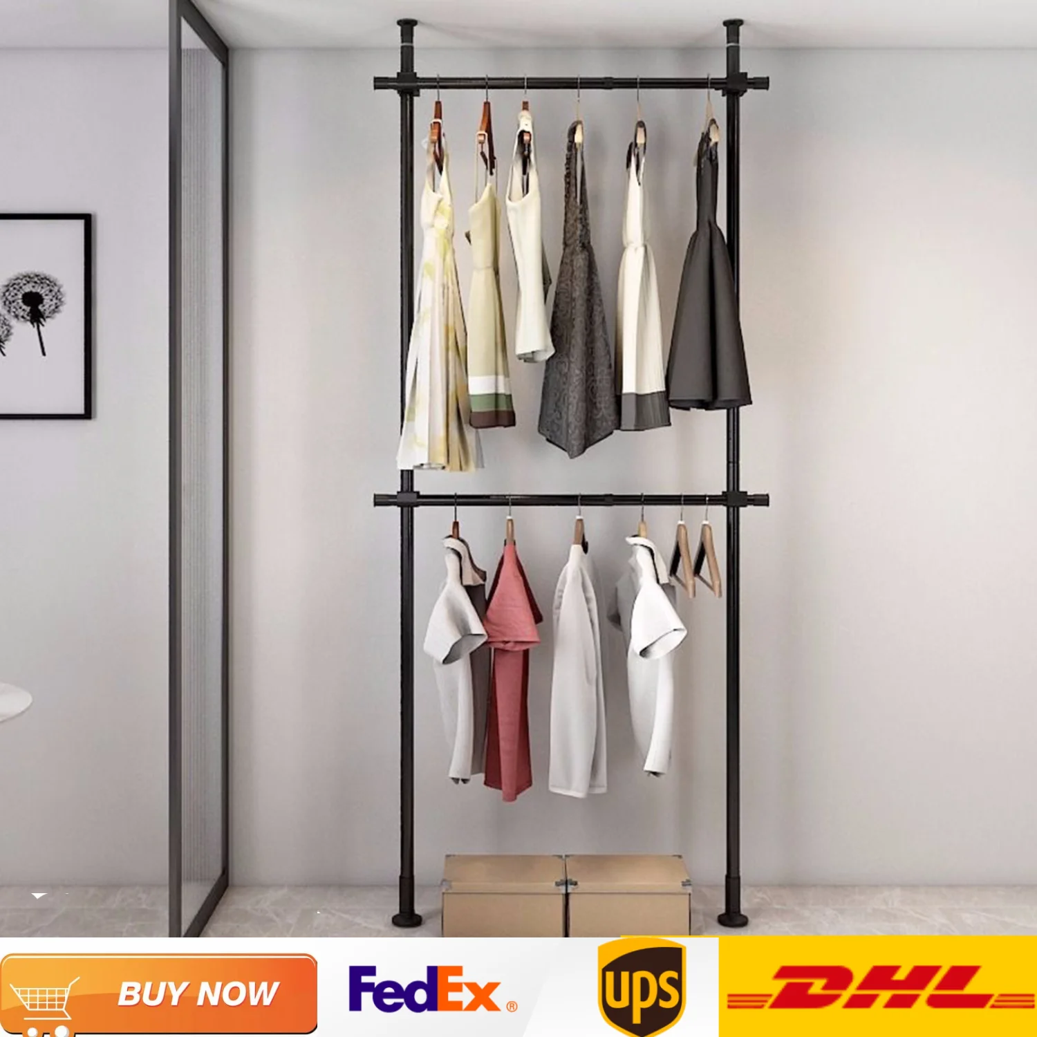 

Industrial Metal Extension Garment Clothes Rack, 2-Tier Adjustable Heavy Duty Clothing Rack Metal Hanger Black