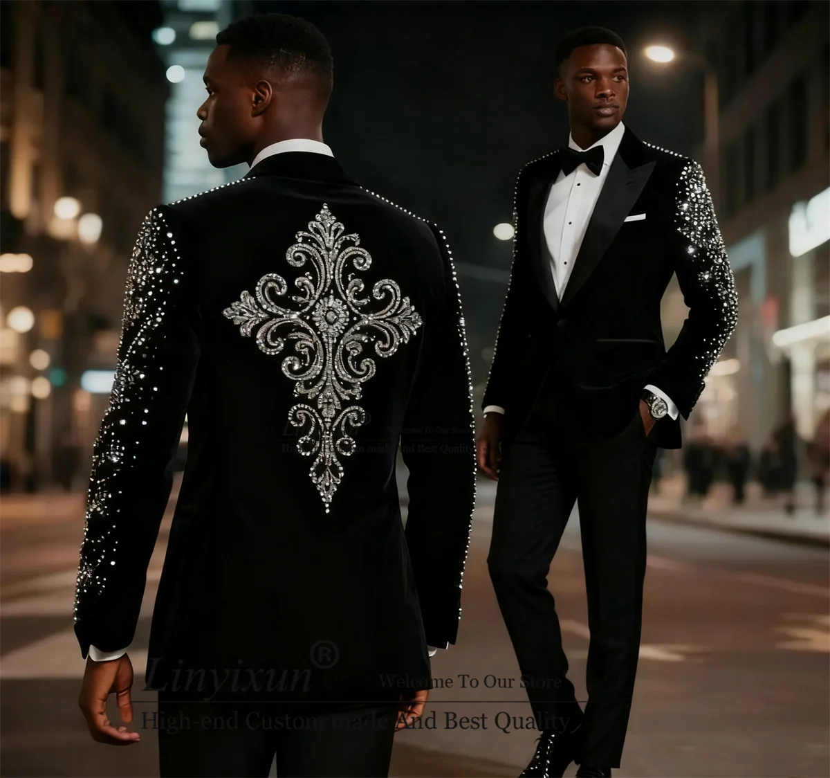 

Glitter Metallic Crystals Wedding Suits For Men Customized Groom Tuxedos 2 Pieces Sets Male Blazers Party Velvet Ropa Blazers