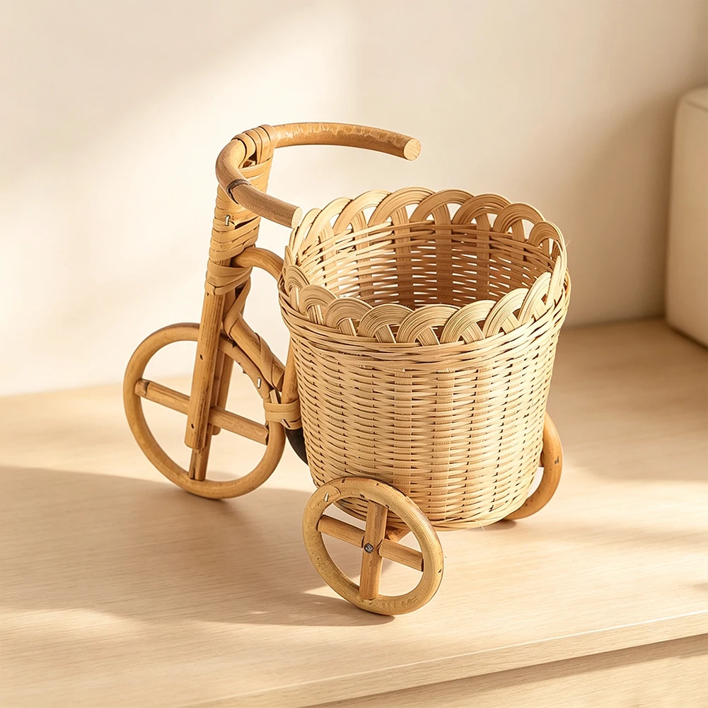 Handgewebter Rattan-Fahrrad-Aufbewahrungskorb, Mini-Dreirad-Organizer, Tischdekoration, Blumentopf, Geschenk für Zuhause – Detail 6