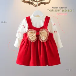 Spring Long Sleeve Bow Cotton Fashion Korean Style Baby Dress Floral Sweet Pocket Silk Kids Mini Dresses 2023