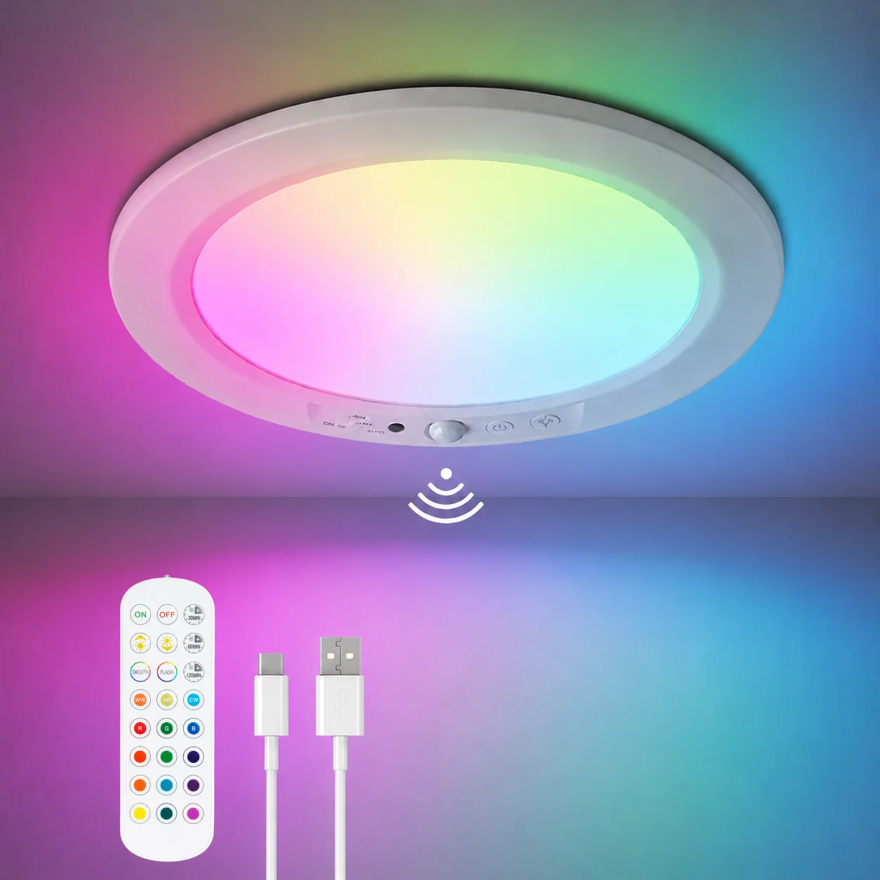 RGB Motion Sensor Ceiling Light,USB-C Rechargeable Magnetic Wireless Wall Lamp with Remote Control,16-Color Dimmable Night Light
