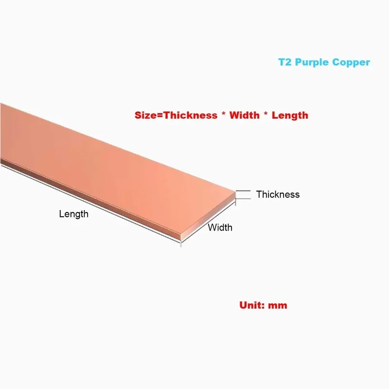 T2 Pure Copper Rectangular Flat Strip Red Copper Solid Sheet 0.1-5mm Thick 5-12mm Wide 500mm Long