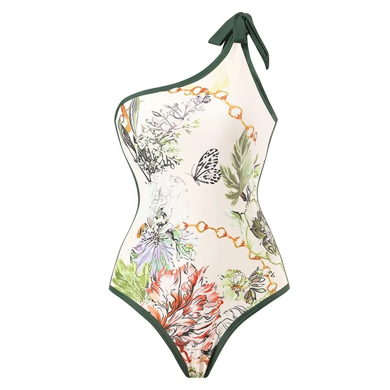 Traje de baño de una pieza estampado de nueva moda para mujer vestido de playa de gasa de un solo hombro Retro bikiniSuit